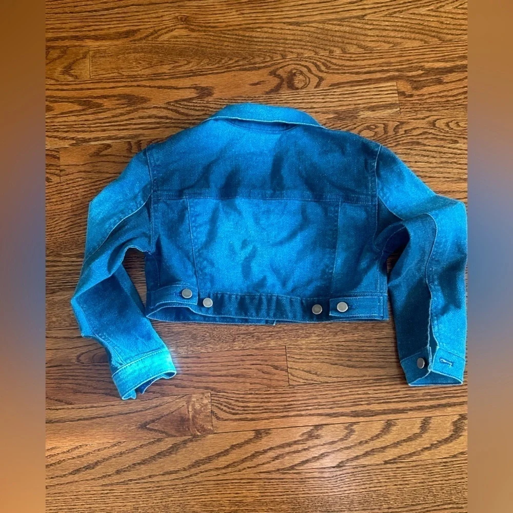 THEME Youth Cropped Denim Jacket Blue Organic Cotton Jean Coat Y2K Size Medium